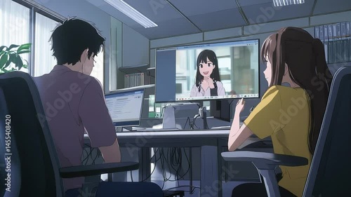 Animated office scene featuring colleagues in a virtual meeting on a computer screen