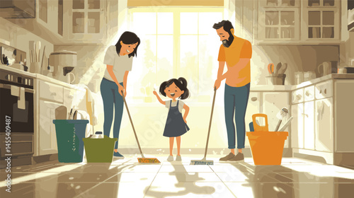 father and son  doing housework