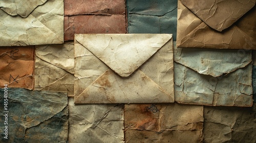 Close-up of old, worn-out envelopes with a rustic appearance.