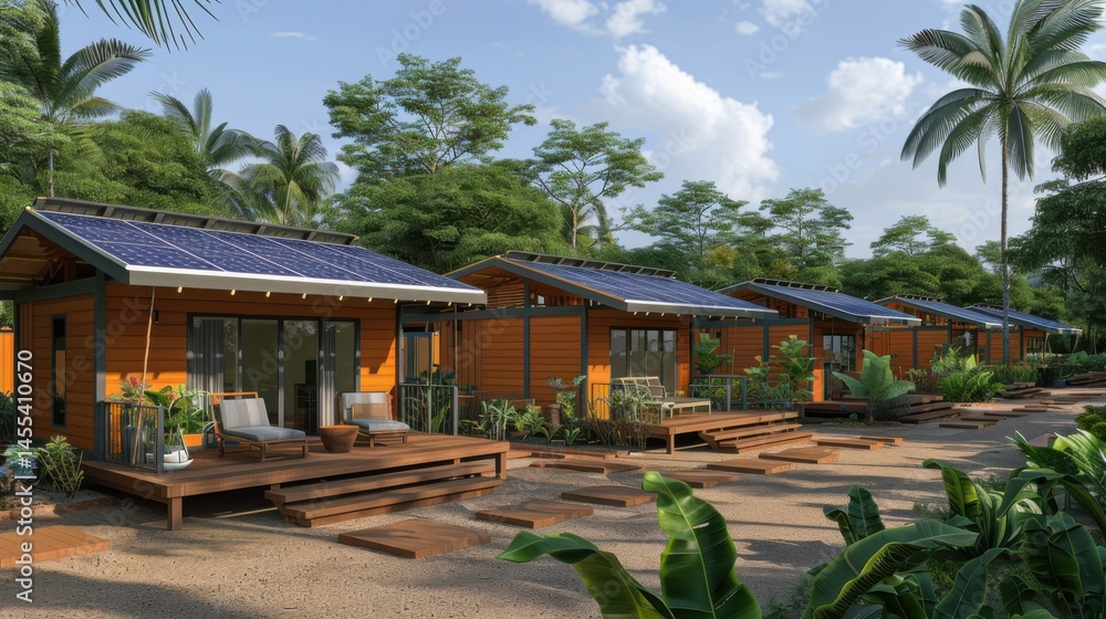 Obraz premium Vibrant Eco-Friendly Cabins Surrounded by Lush Tropical Landscape