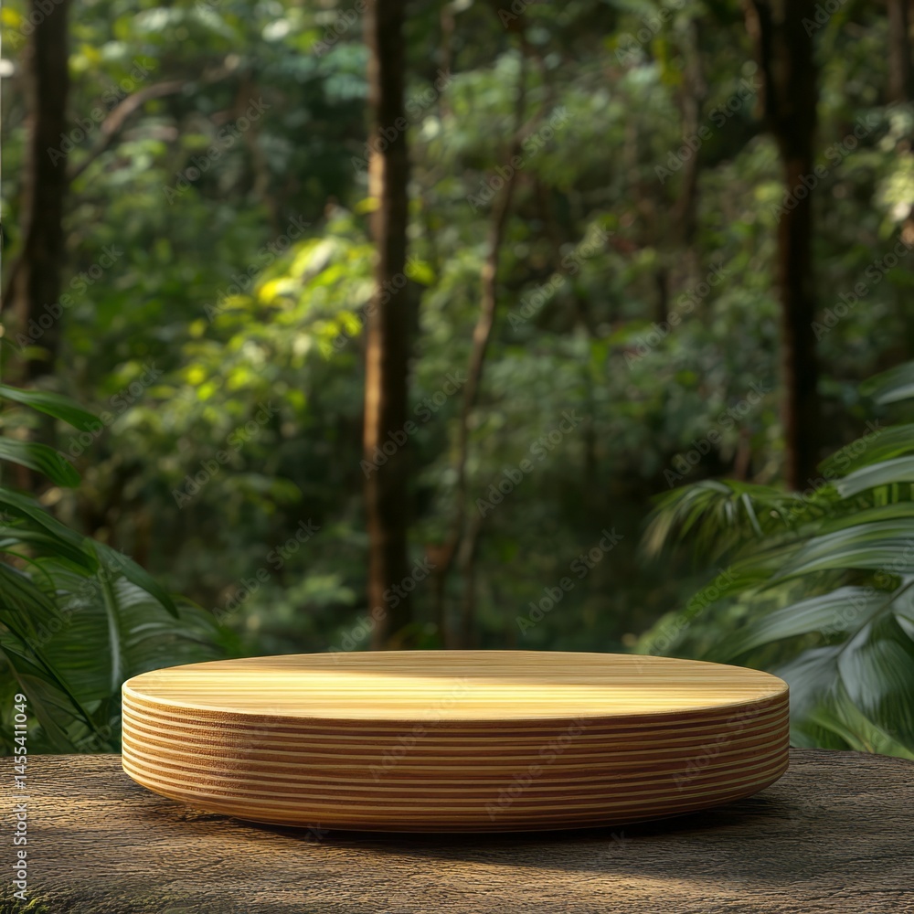 Empty round wooden display podium in a lush tropical setting. Empty round wooden display podium in a lush tropical setting.