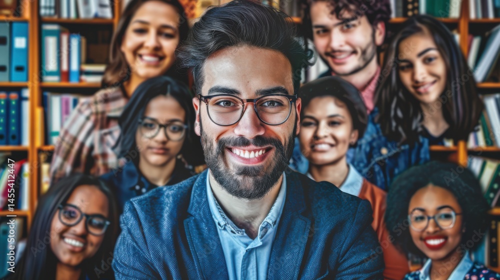 Smiling Diverse Group of Young Adults in a Modern Library Setting Smiling Diverse Group of Young Adults in a Modern Library Setting