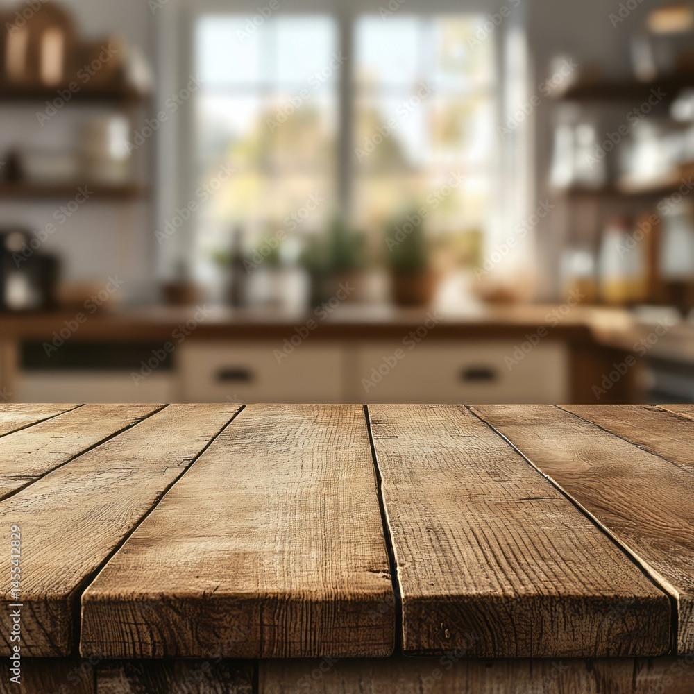 Rustic wooden tabletop in a blurred kitchen background. Rustic wooden tabletop in a blurred kitchen background.