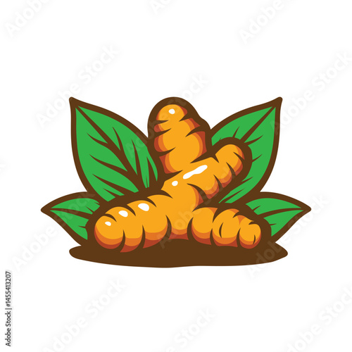 Turmeric Root with Leaves Vector Illustration