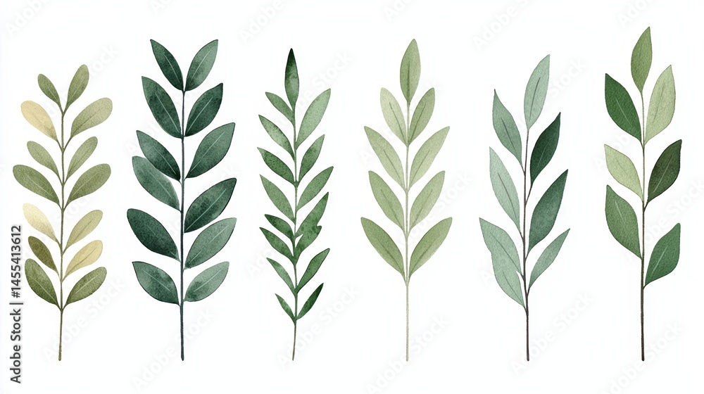 Fototapeta premium Six illustrated green leafy branches, each with unique shapes and subtle color variations, arranged in a row on a white background.