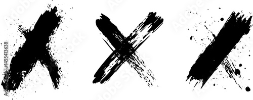 Grunge Brush Stroke X Mark Set, Abstract Cross Symbols with Ink Splatter Texture