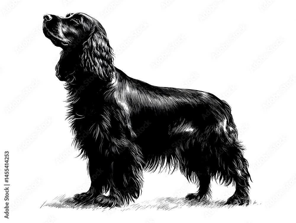 A majestic black Cocker Spaniel stands proudly in profile showcasing its elegant coat and noble posture against a clean white background. A majestic black Cocker Spaniel stands proudly in profile showcasing its elegant coat and noble posture against a clean white background.