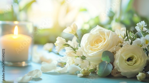 A peaceful funeral flower arrangement with calm hues and petals.