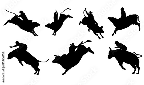 Set of bull riding silhouette. Person riding buffalo in rodeo sport