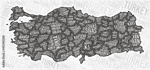 Turkey regions map word cloud. Turkey region names. Black and white map design. Artistic vector illustration.