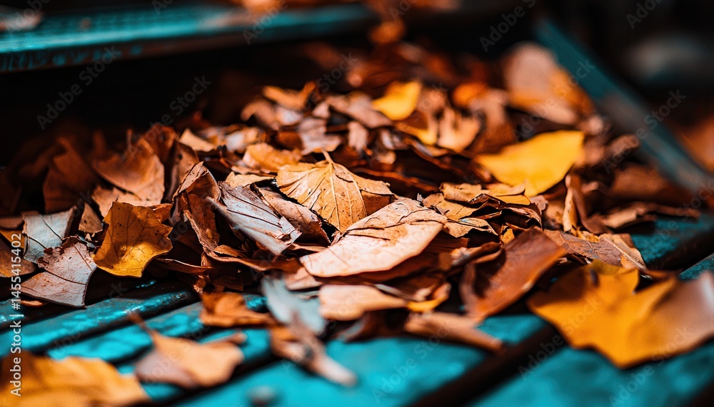 Autumn Leaves on a Teal Surface A CloseUp View of Fallen Foliage Autumn Leaves on a Teal Surface A CloseUp View of Fallen Foliage