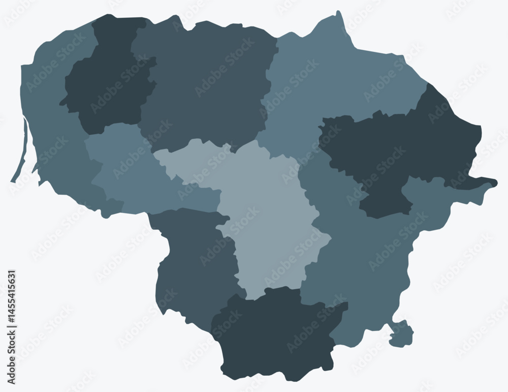 Obraz premium Map of Lithuania with regions. Just a simple country border map with region division. Blue grey color palette. Plain Lithuania shape with administrative division. Vector illustration.