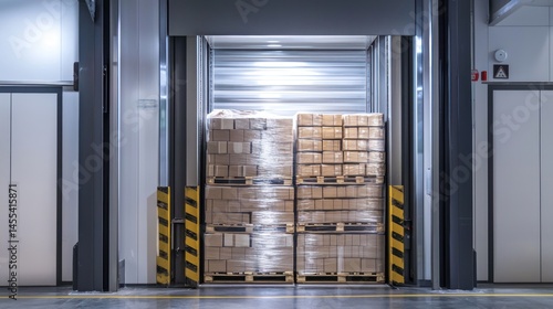 Freight elevator in use with pallets and goods inside.