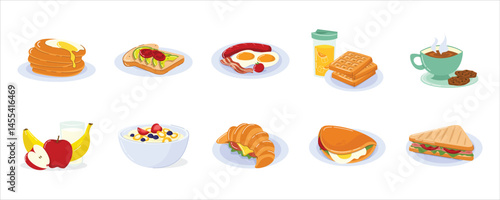 Breakfast Foods Vector Set with Pancakes, Croissants, and Juice. Various Breakfast Illustration