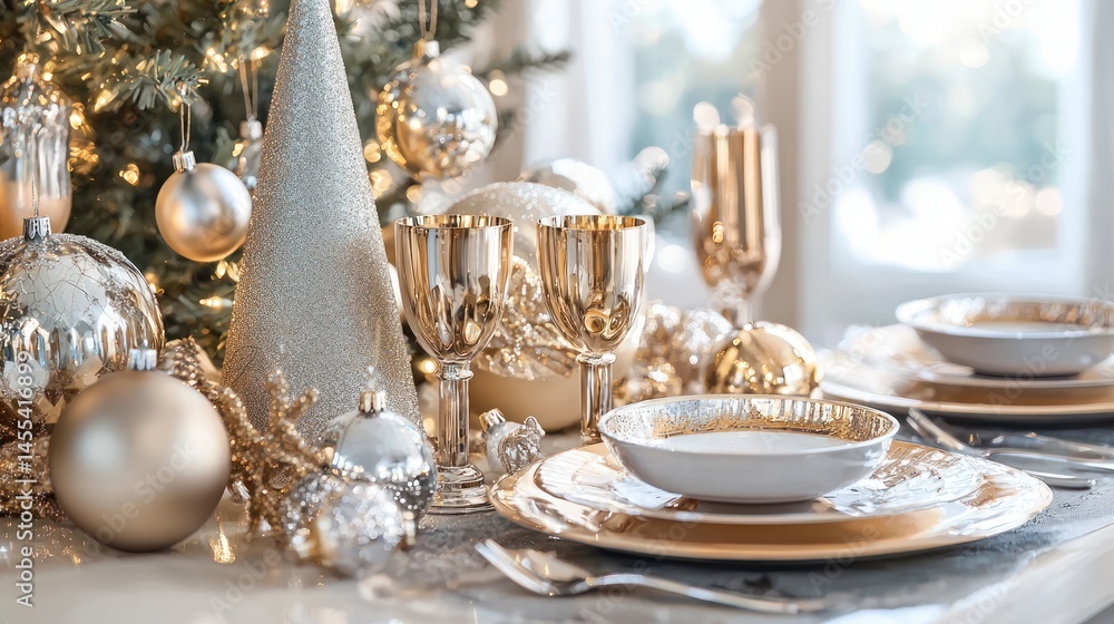 A glamorous Christmas scene with gold and silver decorations A glamorous Christmas scene with gold and silver decorations
