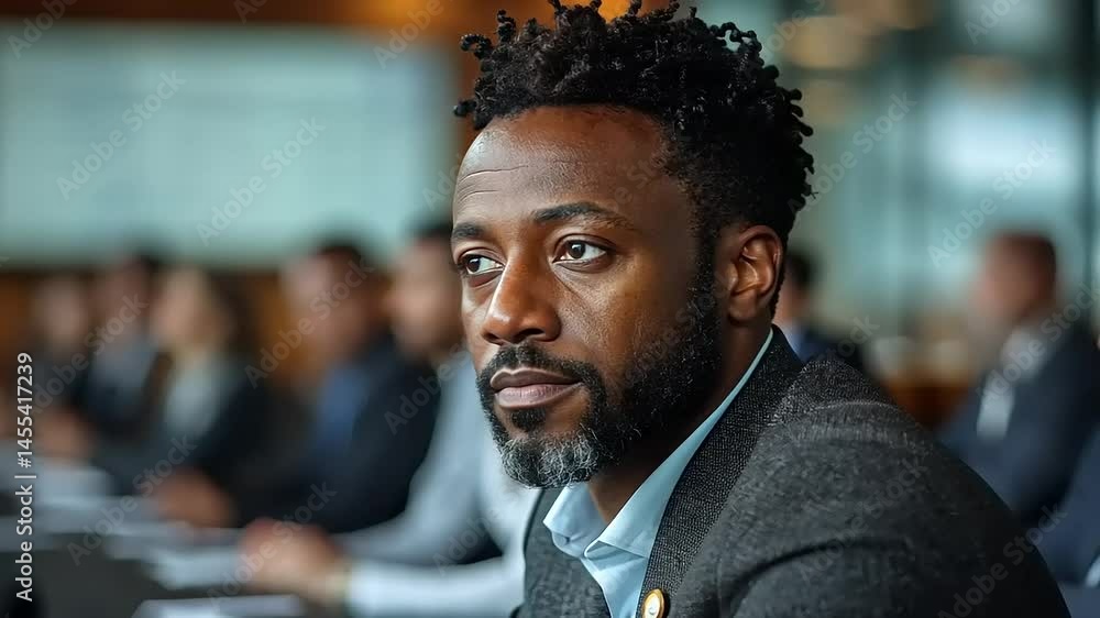 Focused businessman at a conference. Attentive man in a suit listens intently Focused businessman at a conference. Attentive man in a suit listens intently