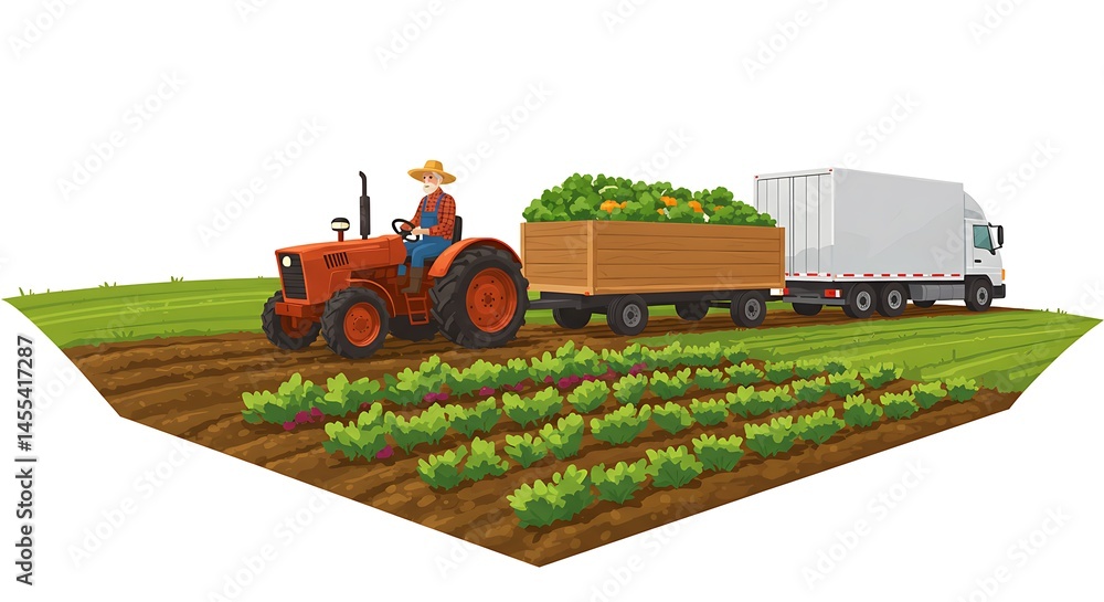 Obraz premium Farmer Driving Tractor on Farm Harvesting Crops in Field