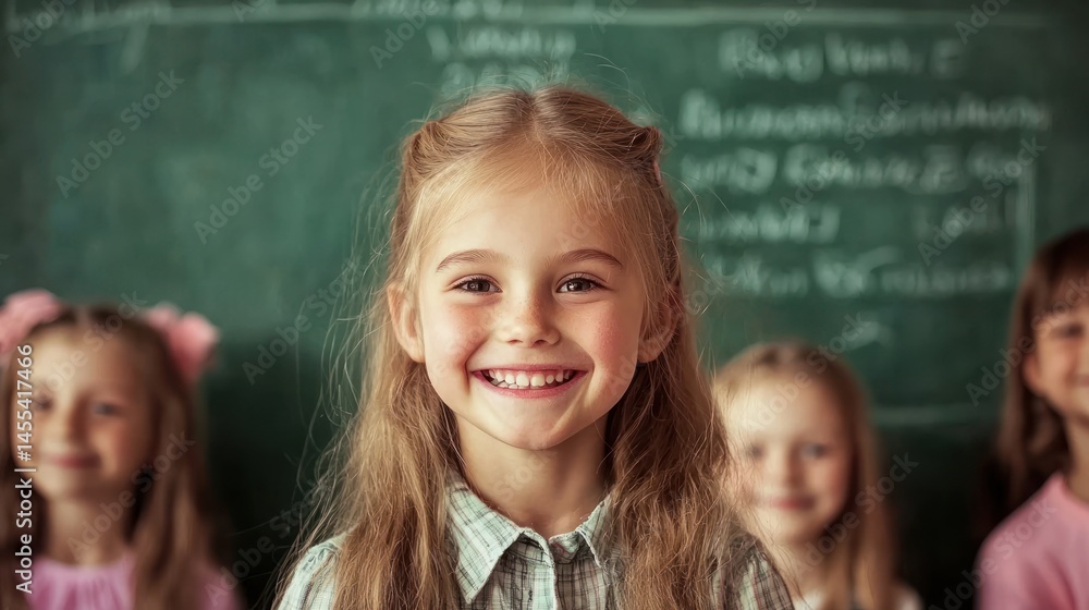 A school girl smiling in front of a chalkboard with classmates A school girl smiling in front of a chalkboard with classmates