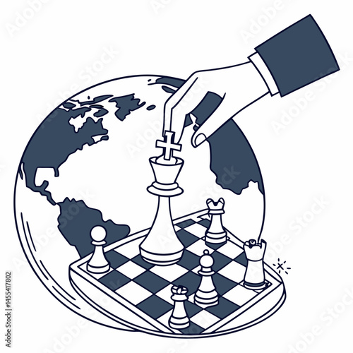 Chessboard globe under strategic hands, depicting business or political conflict, modern flat art