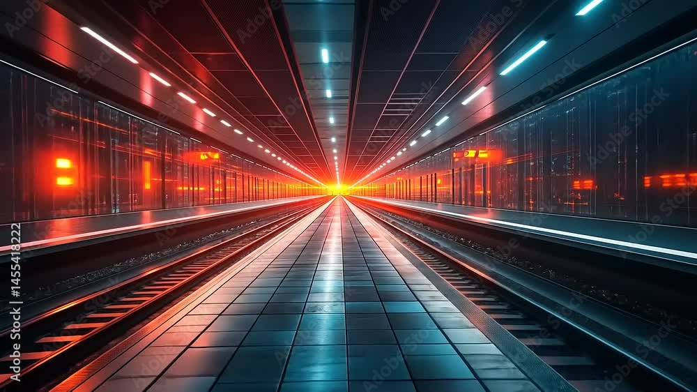 Futuristic tunnel with vibrant lighting, train tracks, and server racks Futuristic tunnel with vibrant lighting, train tracks, and server racks