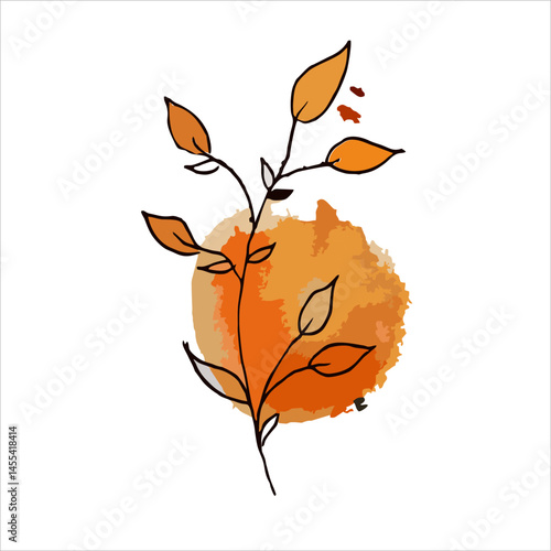 Hand-Drawn Botanical Line Art with Orange Watercolor Background – Minimal Nature Illustration. Good for illsutration of the book, greeting cards, or poster