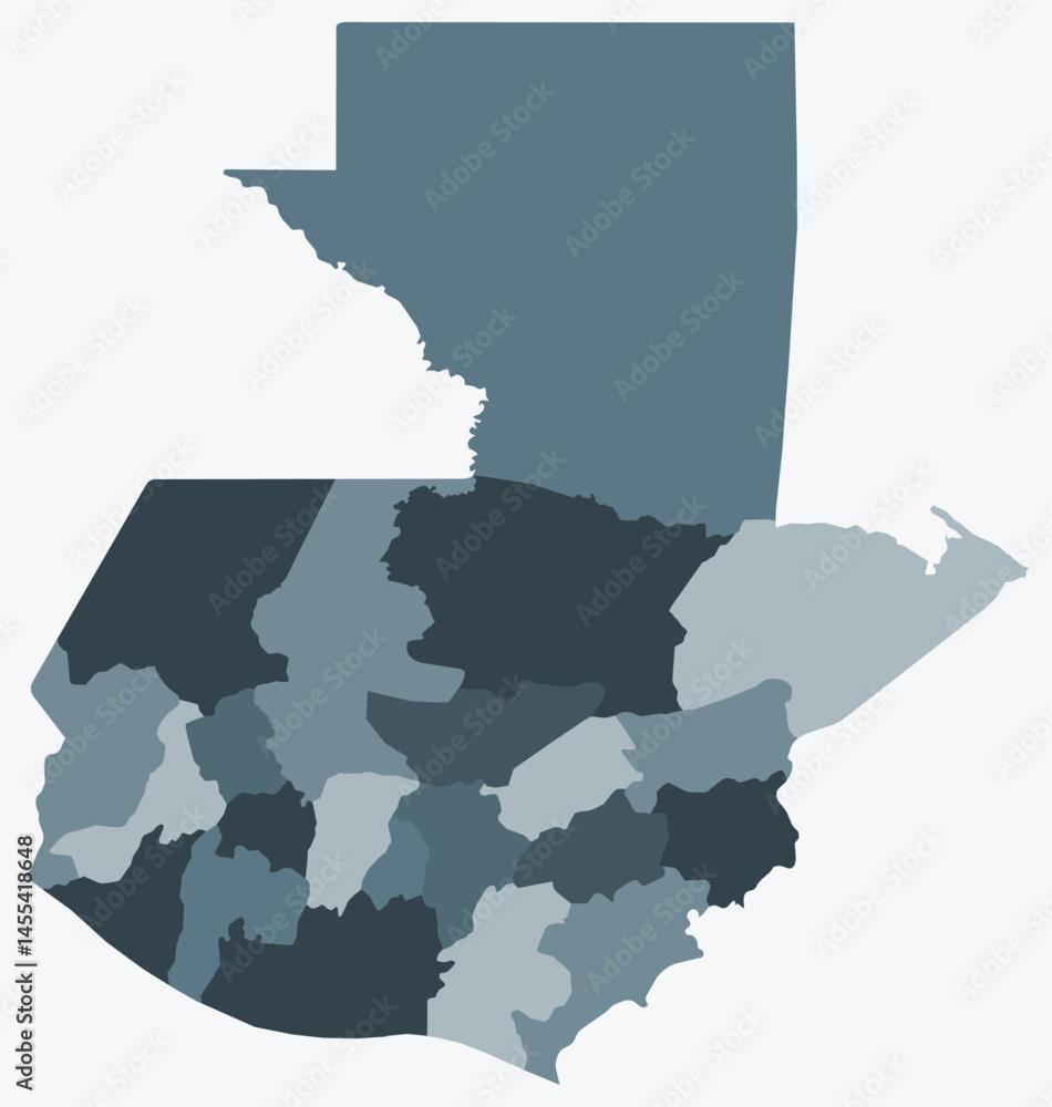 Fototapeta premium Map of Guatemala with regions. Just a simple country border map with region division. Blue grey color palette. Blank Guatemala shape with administrative division. Vector illustration.