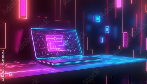 Neon Lit Laptop Displays Futuristic Circuitry Design