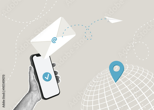 Trendy halftone collage. Email communication and global communication. Communication concept by email, phone or office location, customer communication, business information.