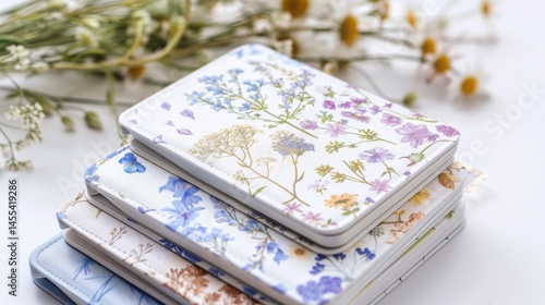 Wallpaper Mural Colorful Floral Pattern Notebooks Stacked on White Surface with Flowers Torontodigital.ca