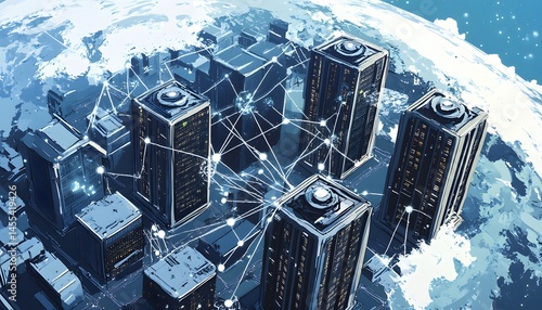 Global Network Connecting Futuristic City Towers
