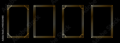 Thin metallic rectangle frame set. Shiny gold foil border collection. Golden glowing geometric boarder bundle in art deco style. Rectangular element pack for photo, cadre, card, emblem. Vector