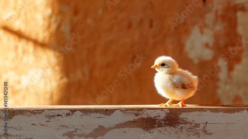 Tiny chick with downy feathers standing on flat barn wood, natural lighting from side window, subtle tones with soft focus background, classic rural atmosphere