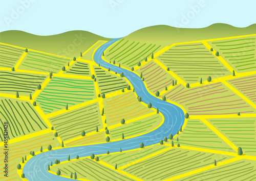 landscape view of rice fields with mountains