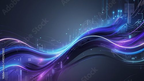 Futuristic Blue and Purple Abstract Technology Background with Neon Waves and Digital Design Curves for Modern High-Tech Graphic Innovation