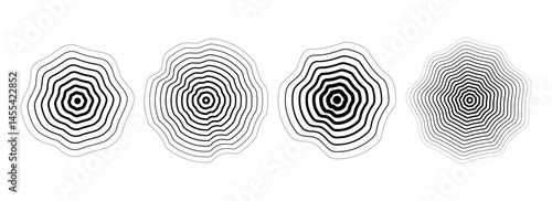 Black concentric rippled circle set. Dotted and dashed round sound wave collection. Epicenter, target, radar, sonar icon concept. Vector ripple halftone radial radio signal or vibration element pack