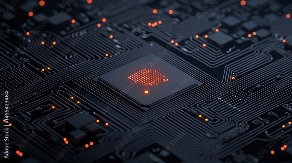Fototapeta premium A microchip with glowing connections highlights advanced technology and intricate circuitry on a dark background.
