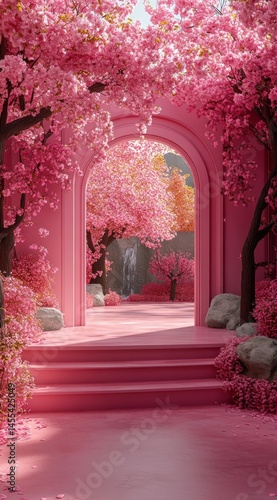 Radiant pink garden archway,  flowering trees, and sunlight.