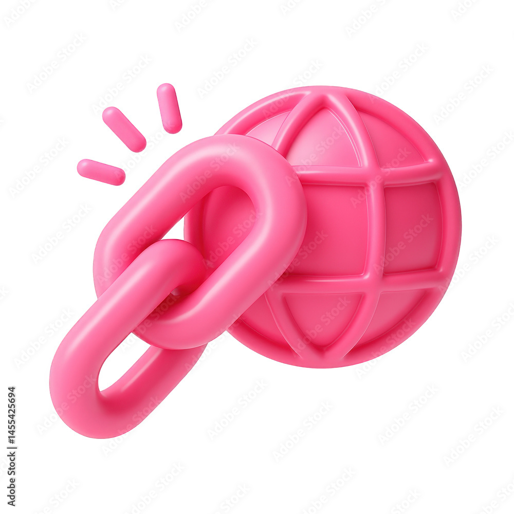 Vibrant pink chain link fastening with a stylized worldwide sphere, signifying internet linking or global connectivity. Vibrant pink chain link fastening with a stylized worldwide sphere, signifying internet linking or global connectivity.