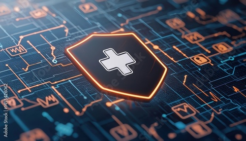 A digital shield with a medical cross symbol, surrounded by circuit patterns, representing cybersecurity in the healthcare sector.