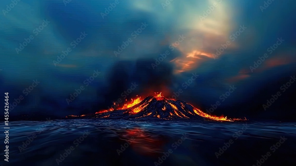 Naklejka premium Dramatic volcanic eruption over a body of water.