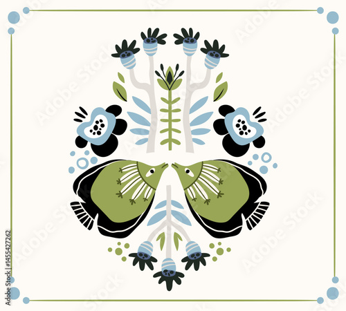 Folk hygge ready to use vector ocean print in Scandinavian style, folkloric isolated design on white. Composition with classic ethnic elements. Scandi folk motifs - sea animals, fishes and flowers