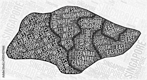 Singapore regions map word cloud. Singapore region names. Black and white map design. Artistic vector illustration.
