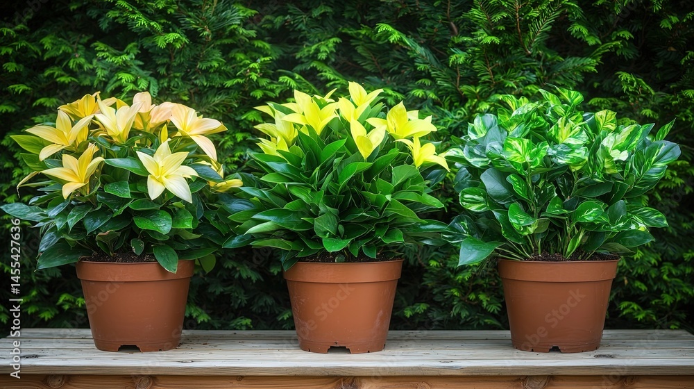 Three potted plants, vibrant in color and lush foliage, displayed outdoors. Three potted plants, vibrant in color and lush foliage, displayed outdoors.