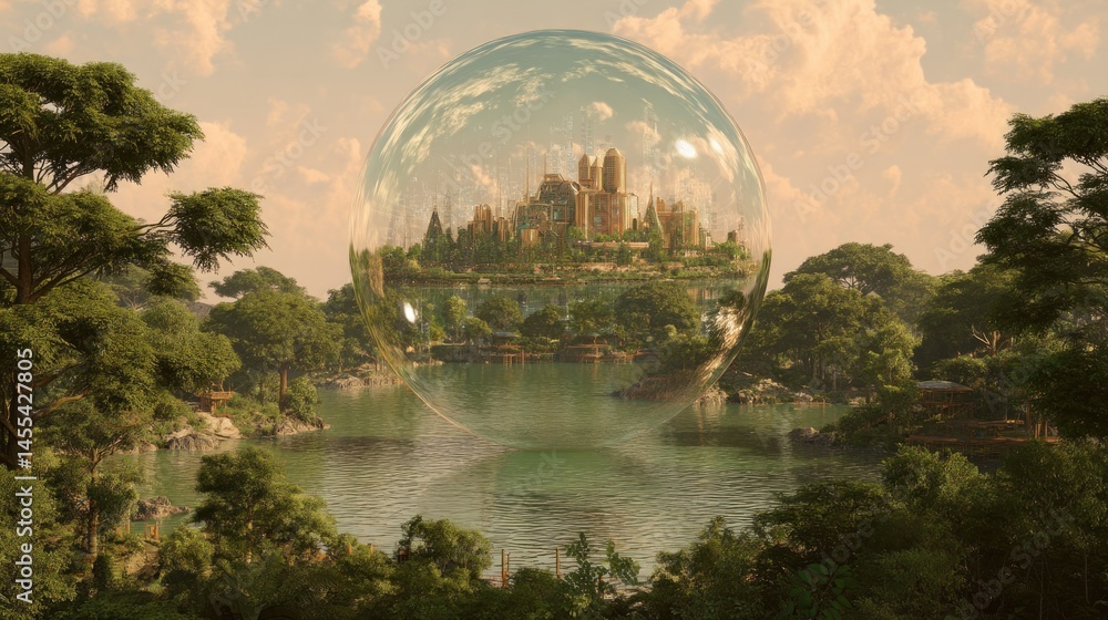 Fototapeta premium Enchanting floating city encased in a giant bubble