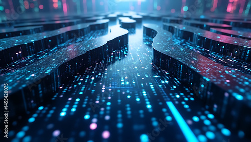 Futuristic Digital Technology Abstract Background: 3D Network Pattern with Blue and Pink Glow for Dynamic Innovation and Visualization