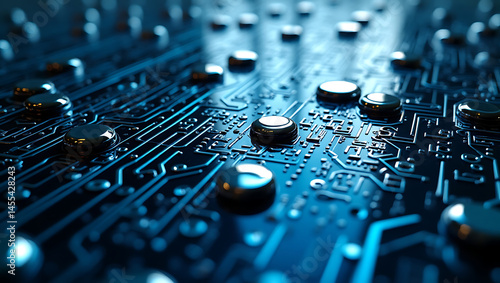 Futuristic Macro Shot of Blue Circuit Board with Glowing Electronics and Microprocessor Connections in Digital Technology Background