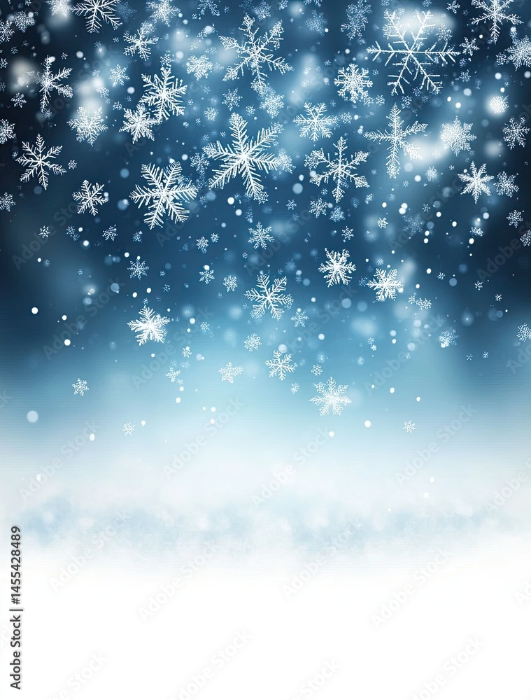 Fototapeta premium Falling White Snowflakes on Blue Background, Winter Holiday Texture, Snowfall