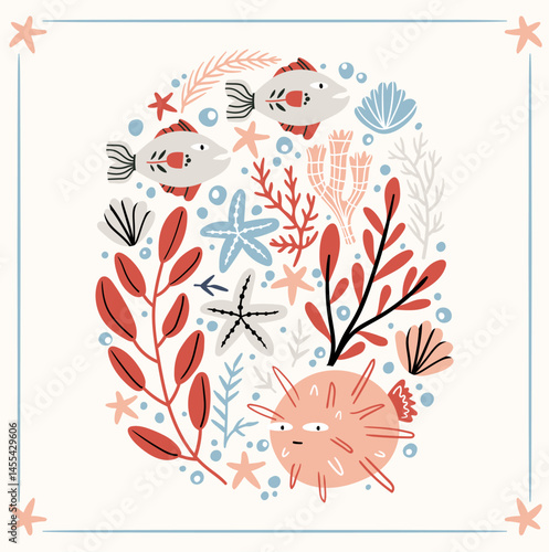 Folk hygge ready to use vector ocean print in Scandinavian style, folkloric isolated design on white. Composition with classic ethnic elements. Scandi folk motifs - sea animals, fishes and flowers