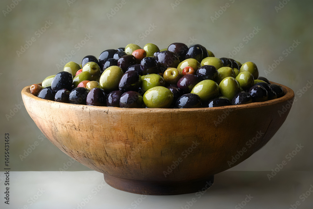 Vibrant Array of Oil-Kissed Olives Nestled in Rustic Wooden Bowl with a Splash of Pimientos Amidst a Textured Setting Vibrant Array of Oil-Kissed Olives Nestled in Rustic Wooden Bowl with a Splash of Pimientos Amidst a Textured Setting