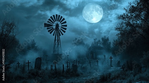 Haunted windmill and graveyard at night under a full moon. Foggy, spooky, dark, eerie, mysterious, 